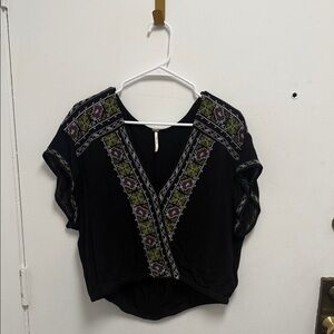 Free People Black Blouse with Embroidered Accents